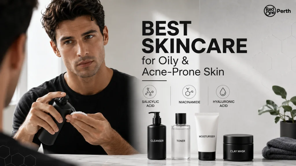 Man applying skincare in a modern bathroom with cleanser, toner, moisturiser and clay mask, illustrating the best skincare routine for oily and acne-prone skin for men by Red One Perth.
