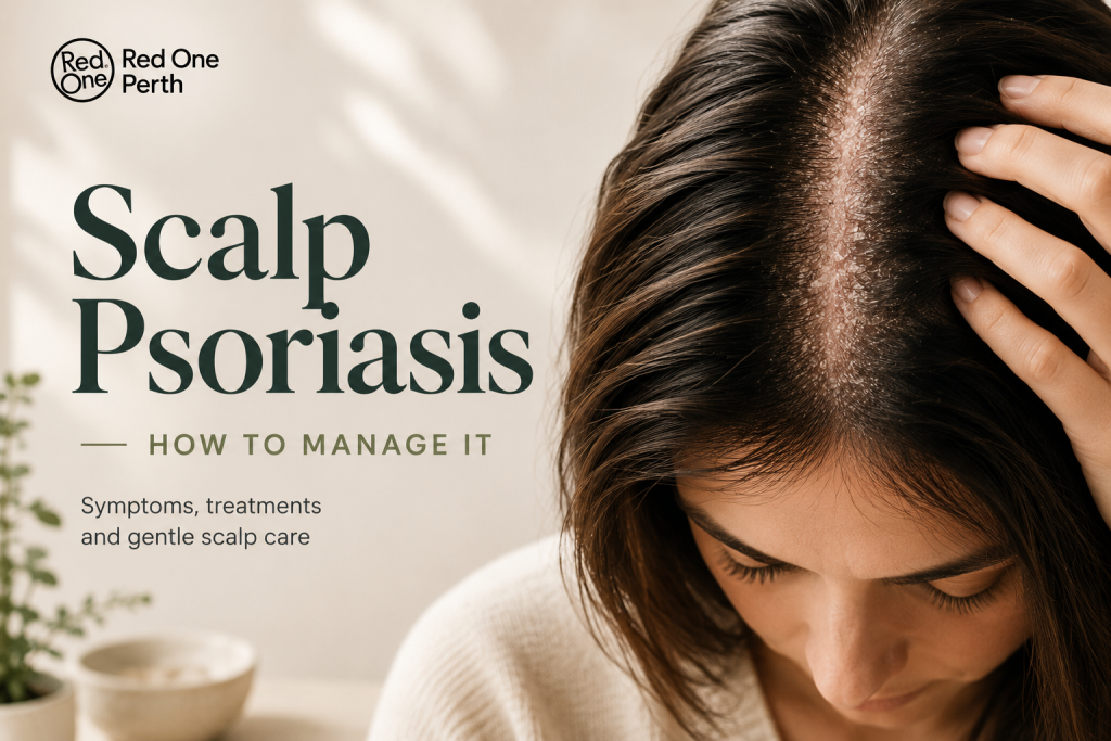 Close-up of a person with visible scalp psoriasis flakes while parting their hair, illustrating scalp psoriasis symptoms and management.
