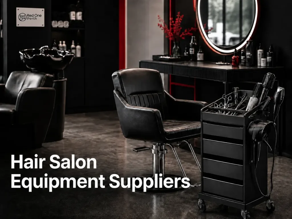 Professional hair salon equipment including a styling chair, trolley, clippers and scissors, with the Red One Perth