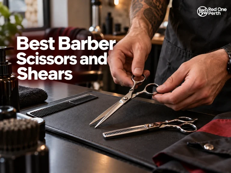 Professional barber selecting straight and thinning scissors on a workstation at Red One Perth