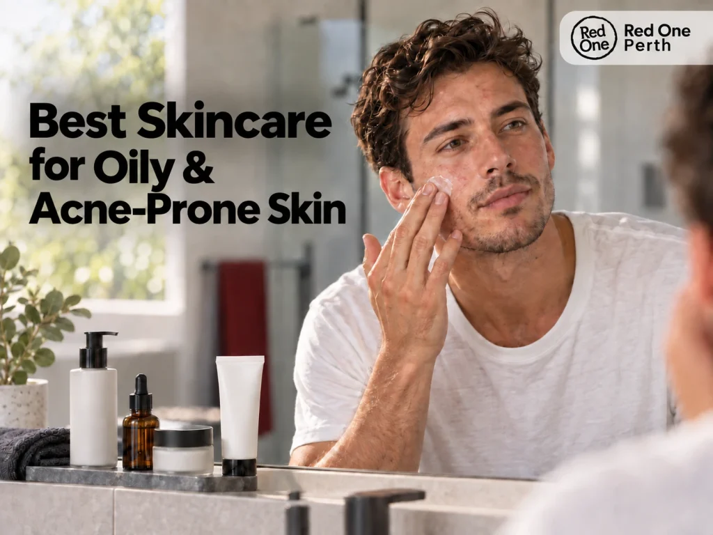 Man applying moisturiser as part of an oily and acne-prone skincare routine