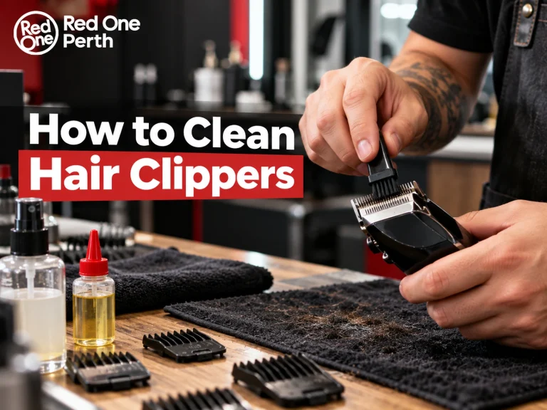 Barber cleaning hair clippers with a blade brush and clipper oil.