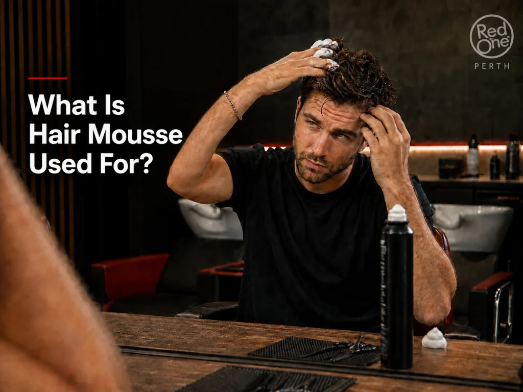 Man applying hair mousse to damp hair in a modern barber salon